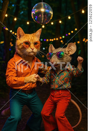Cat and mouse dancing in the disco club funky music of the seventies 125622059