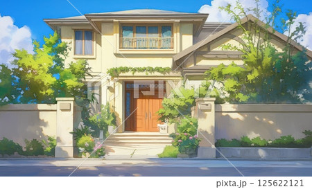 緑に囲まれた明るい二階建ての家 125622121