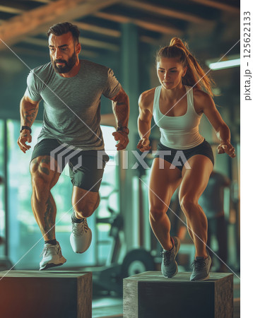Dedicated trainer motivates client during intense box jump workout session Dedicated trainer motivates client during intense box jump workout session 125622133