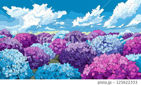 青空とカラフルな紫陽花のイラスト 125622333