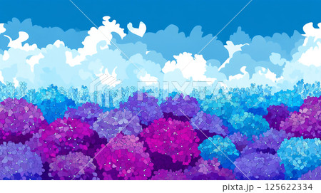 青空とカラフルな紫陽花のイラスト 125622334