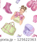 pattern girl in boxing gloves, sports bag, smoothie, boxing gloves pink, sneakers for sports, sports set isolated illustrations in high quality, perfect for poster design for design of sports products 125622363