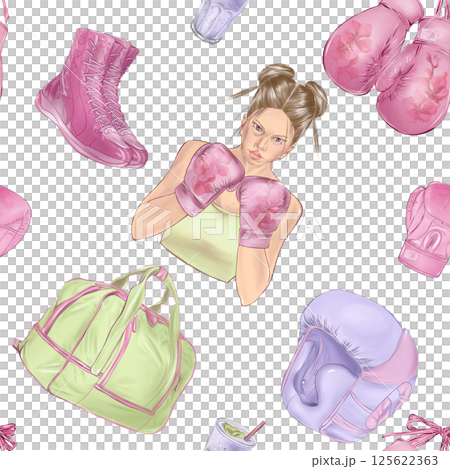 pattern girl in boxing gloves, sports bag, smoothie, boxing gloves pink, sneakers for sports, sports set isolated illustrations in high quality, perfect for poster design for design of sports products 125622363