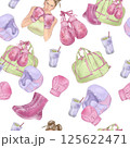 pattern girl in boxing gloves, sports bag, smoothie, boxing gloves pink, sneakers for sports, sports set isolated illustrations in high quality, perfect for poster design for design of sports products 125622471