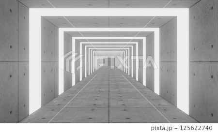 永遠に続く空間を進む3DCGイラスト。コンクリートのタイルに囲まれた部屋。 125622740
