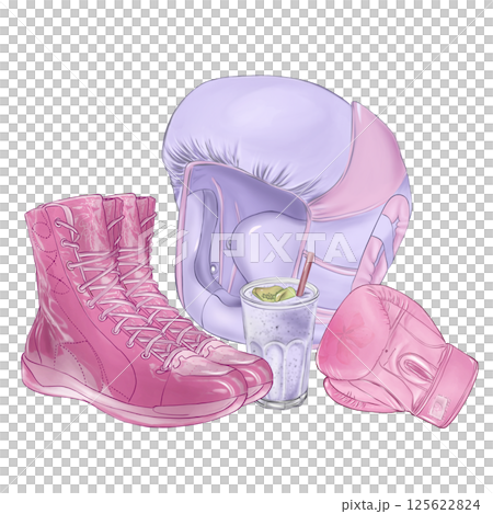 boxing gloves pink, sneakers for sports, smoothie blueberry, boxing helmet purple, sports set, isolated illustrations in high quality, for sporting goods design boxing gloves pink, sneakers for sports, smoothie blueberry, boxing helmet purple, sports set, isolated illustrations in high quality, for sporting goods design 125622824