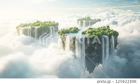 雲の上に浮かぶ滝と森の幻想的な空中島風景 125622886