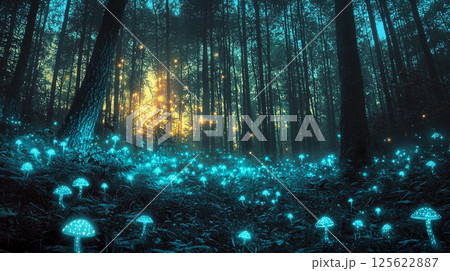 光るキノコが広がる幻想的な夜の森 125622887