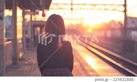 駅でたたずむ女子高生の後ろ姿 125622888