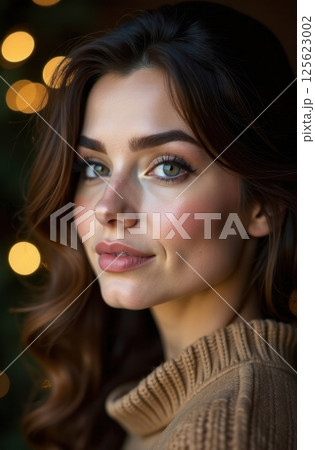 Beautiful woman smiling with christmas lights in background 125623002