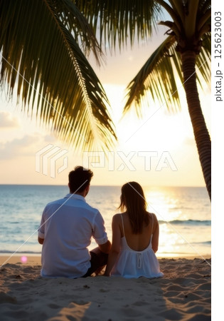 Couple enjoying romantic sunset on tropical beach under palm tree Couple enjoying romantic sunset on tropical beach under palm tree 125623003