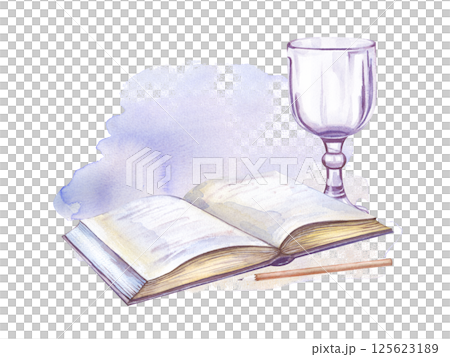 Watercolor composition with a book, pencil and a beautiful glass on the background of a blue watercolor spot. An open diary. Illustration on a white background. Watercolor composition with a book, pencil and a beautiful glass on the background of a blue watercolor spot. An open diary. Illustration on a white background. 125623189