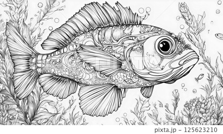 Picture coloring sea fish. Black and white fish picture for coloring Picture coloring sea fish. Black and white fish picture for coloring 125623210