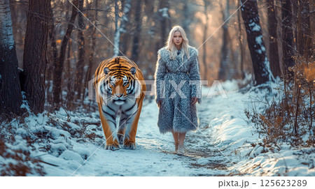 A young blond woman in a fur coat walks through a winter forest with a tiger 125623289