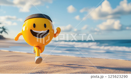 Cartoon smiley with sweatband running by the seashore 125623290