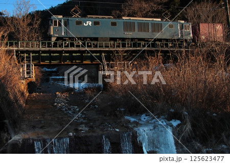 凍てつく夕暮れの小川を渡るEF64-1045号機牽引の貨物列車(81レ)_2025/1/25撮影 125623477