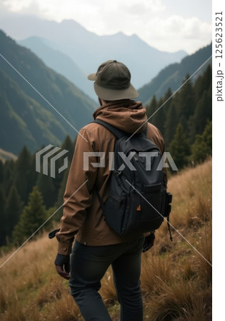Hiker walking on mountain trail enjoying scenic valley view 125623521