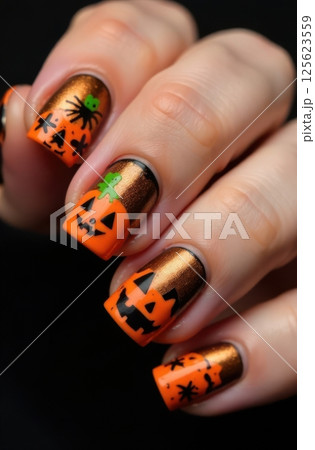 Woman showing halloween nail art with pumpkins and spiders design 125623559