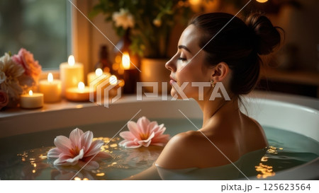Relaxing Bath Time A Young Woman Enjoys a Peaceful Soak Surrounded by Flower Petals and Candles. Spa and body care concept. 125623564