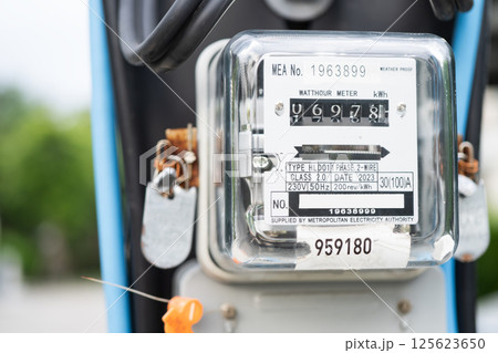 Electric measuring power meter for energy cost at home and office. 125623650