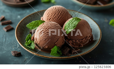 Chocolate ice cream scoops with mint and dark chocolate on plate Chocolate ice cream scoops with mint and dark chocolate on plate 125623806