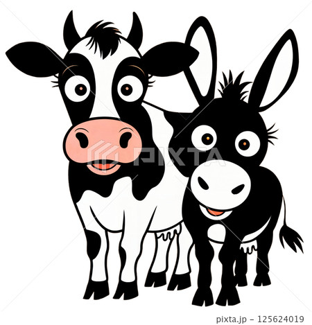 Vector cartoon cow and black donkey 125624019