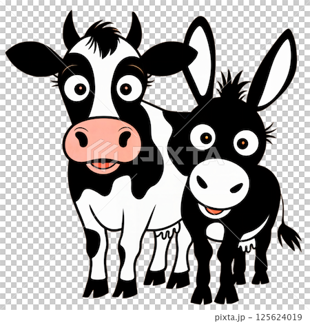 Vector cartoon cow and black donkey 125624019