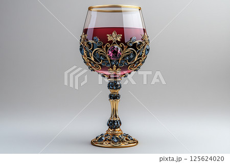 Elegant Wine Glass filled with red wine on white background. Rocco Renaissance style. 125624020