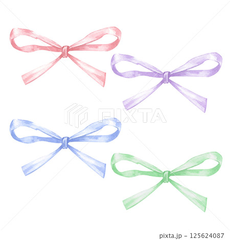 Watercolor set of thin multicolored ribbons on a white background. The drawing is done in watercolor by hand. The bows are insulated. For a festive design. 125624087