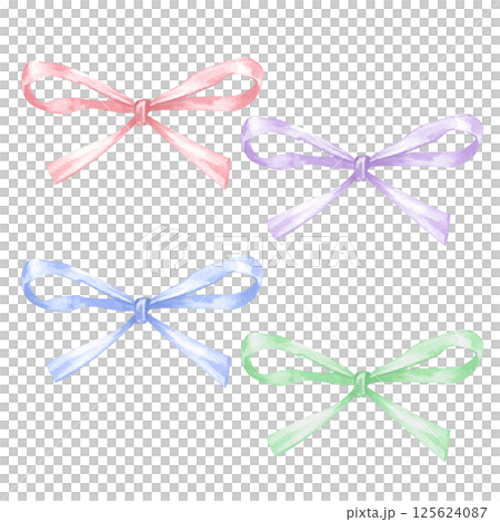 Watercolor set of thin multicolored ribbons on a white background. The drawing is done in watercolor by hand. The bows are insulated. For a festive design. 125624087