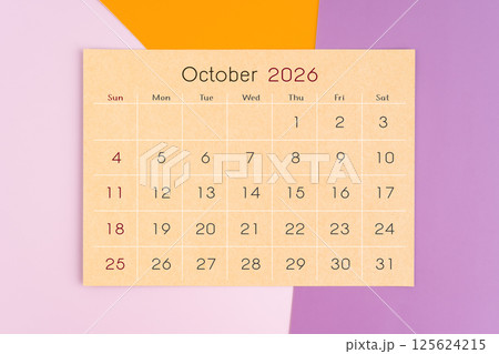 October 2026 calendar brown paper page on purple background. October 2026 calendar brown paper page on purple background. 125624215