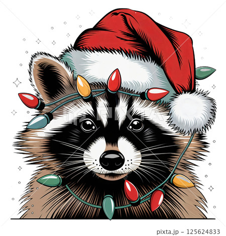 Raccoon in Santa hat with colorful garland 125624833