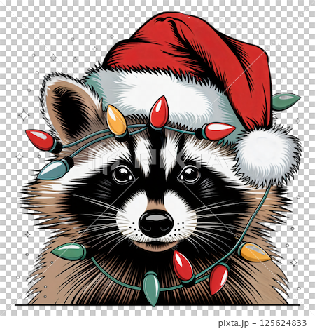 Raccoon in Santa hat with colorful garland 125624833