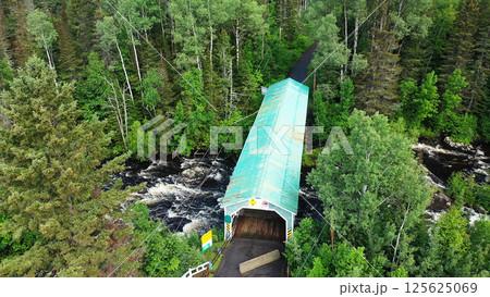 Aerial scene of Lac Ha! Ha! Covered Bridge in Quebec, Canada 125625069