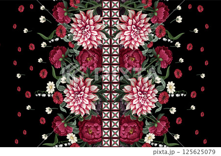 Seamless pattern with dahlia, peonies, wild flowers and geometrical elements. Vector. Seamless pattern with dahlia, peonies, wild flowers and geometrical elements. Vector. 125625079