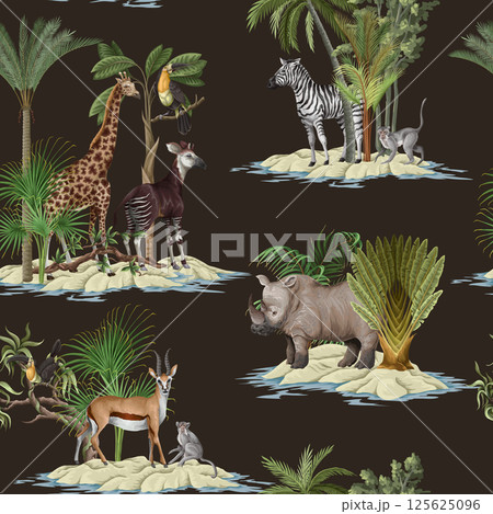 Seamless pattern with jungle animals and trees. Palm trees, giraffe, okapi, zebra etc. Vector. 125625096