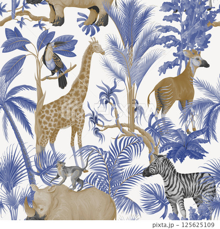 Seamless pattern with jungle animals and trees in blue color. Palm trees, giraffe, okapi, zebra etc. Vector. 125625109