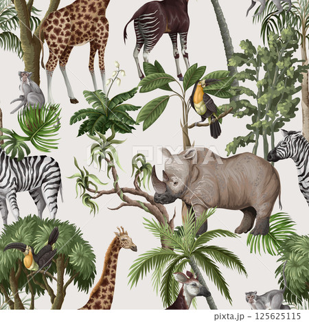 Seamless pattern with jungle animals and trees. Palm trees, giraffe, okapi, zebra etc. Vector. Seamless pattern with jungle animals and trees. Palm trees, giraffe, okapi, zebra etc. Vector. 125625115