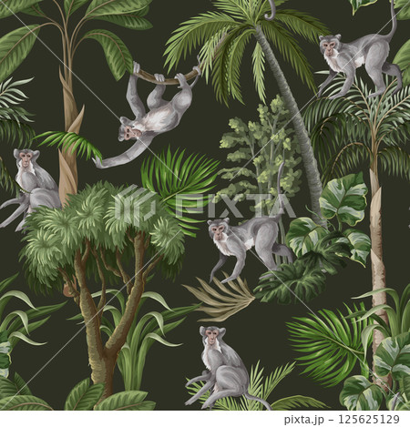 Seamless pattern with monkeys and jungle trees. Vector. 125625129