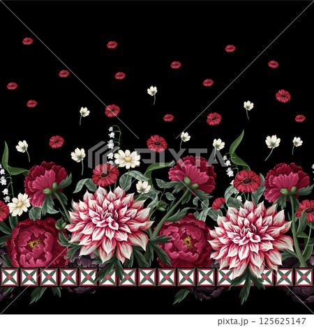 Seamless pattern with dahlia, peonies, wild flowers and geometrical elements. Vector. 125625147