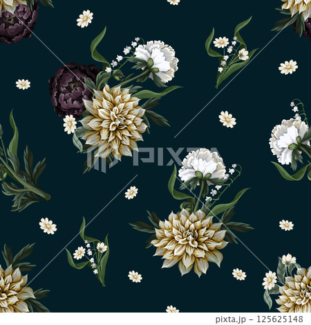 Seamless pattern with dahlia and peony in vintage style. Vector. 125625148