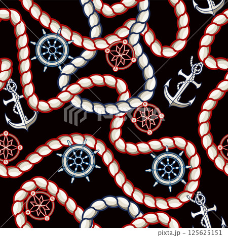 Seamless pattern with rope, anchor and steering wheel for fabric design. 125625151