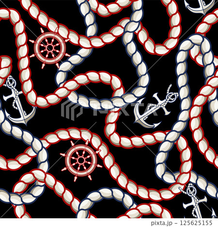 Seamless pattern with rope, anchor and steering wheel for fabric design. Seamless pattern with rope, anchor and steering wheel for fabric design. 125625155