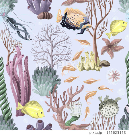 Seamless pattern with sea inhabitans and herb. Seamless pattern with sea inhabitans and herb. 125625158