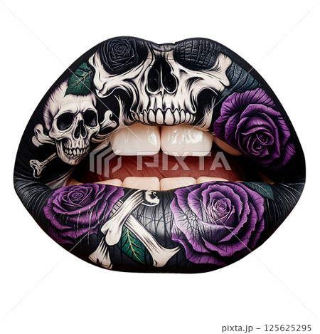 Lip makeup, purple roses, skull tattoo Lip makeup, purple roses, skull tattoo 125625295