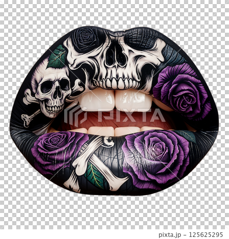 Lip makeup, purple roses, skull tattoo Lip makeup, purple roses, skull tattoo 125625295