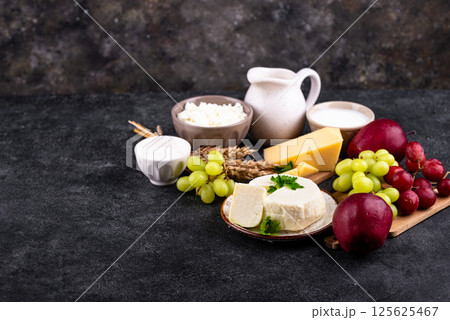 Judaic holiday Shavuot concept. Tzfat cheese and dairy products Judaic holiday Shavuot concept. Tzfat cheese and dairy products 125625467