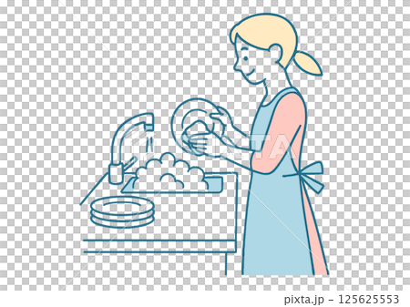 皿洗いをするエプロン姿の女性のイラスト 皿洗いをするエプロン姿の女性のイラスト 125625553