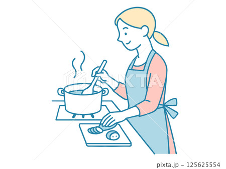 鍋で料理するエプロン姿の女性のイラスト 125625554