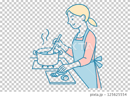 鍋で料理するエプロン姿の女性のイラスト 125625554
